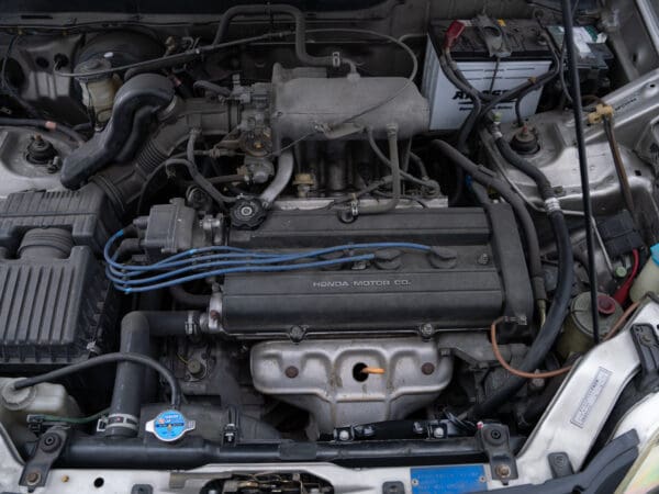 Honda engine with blue hoses and battery.