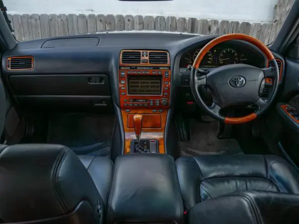 Black leather interior of a car.