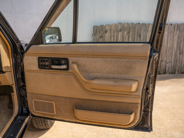 Black car interior door panel with tan trim.